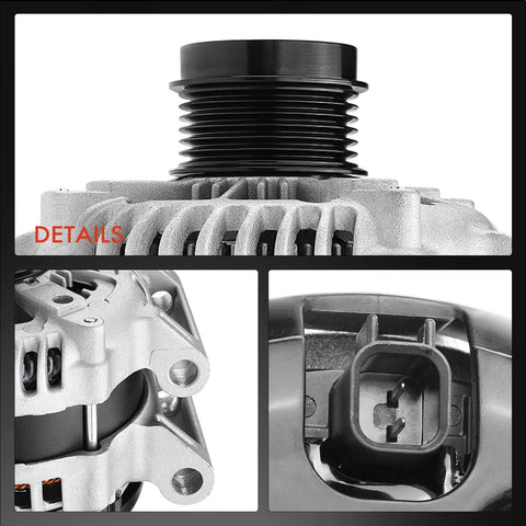 Alternator For Chrysler 300 Dodge Challenger Charger Durango And Jeep Grand Cherokee V8 5.7L 12V 180A Clockwise 6 Groove Pulley Replacement 4210007020 with detailed close-up views of pulley and connectors.