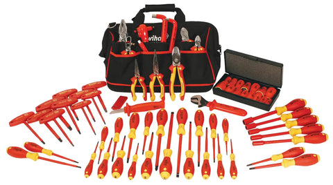 Insulated 66 Piece Tool Set With Pliers Cutters Nut Drivers Screwdrivers T Handles Knife Sockets Three Eighths Inch Drive Ratchet And Adjustable Wrench Pro Grade Electrician Kit displayed with tools in a carrying bag.