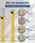 Tough As Nails Yellow Steel Safety Bollards, Anchored 36 Inch Parking Posts installation steps with tools and bolts.