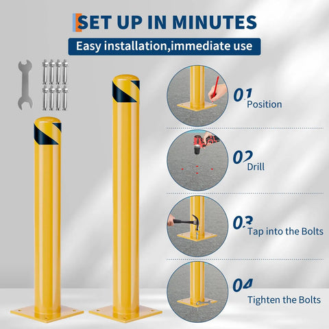 Tough As Nails Yellow Steel Safety Bollards, Anchored 36 Inch Parking Posts installation steps with tools and bolts.