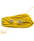 Coiled 12-Gauge Extra Heavy Duty 100 Ft Outdoor Extension Cord With Cord Clip Yellow 3 Prong SJTW Water Resistant Vinyl Jacket