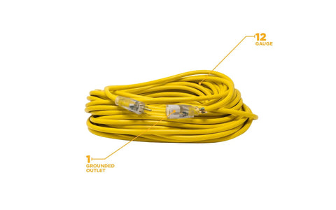 Coiled 12-Gauge Extra Heavy Duty 100 Ft Outdoor Extension Cord With Cord Clip Yellow 3 Prong SJTW Water Resistant Vinyl Jacket