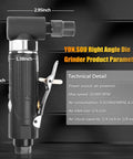Badass Compact Air Die Grinder With Right Angle 20000 RPM Pneumatic Drive dimensions and features overview, shows air inlet and safety lock.
