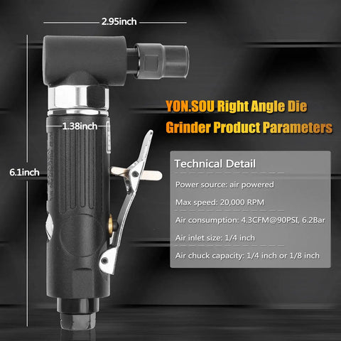 Badass Compact Air Die Grinder With Right Angle 20000 RPM Pneumatic Drive dimensions and features overview, shows air inlet and safety lock.