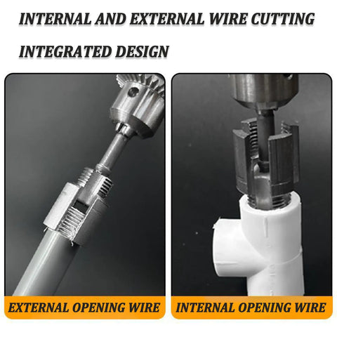 Heavy Duty 4 In 1 Water Pipe Wrench With Integrated Threader For PVC, showcasing internal and external cutting design on pipes.