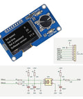 Two Pack 1.3 Inch OLED Display Module With EC11 Rotary Encoder Button I2C Interface LCD Screen For Arduino White Case SH1106 Driver Compatible showing settings screen and circuit diagram.