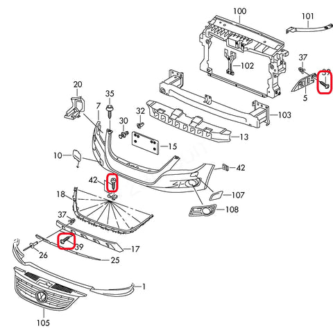 Illustrated diagram of car bumper parts with 30 Piece T25 Self Tapping Torx Screws For Fender Liner Splash Shield And Bumper Cover highlighted
