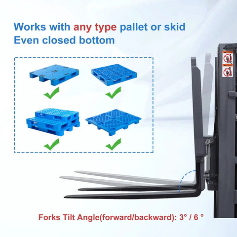 Heavy Hitter Electric Counterbalanced Stacker And Warehouse Material Lift Packing 3300 Lb Load, 177 Inch Max Height, Wide Forks, And Built Like Tank German Steel Mast