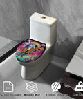 Elongated Quiet Close Toilet Seat for Bathroom with vibrant themed design featuring an astronaut and dinosaurs.