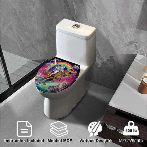 Elongated Quiet Close Toilet Seat for Bathroom with vibrant themed design featuring an astronaut and dinosaurs.