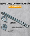 Beefed-Up Wedge Anchors For Concrete And Cement Beams And Machinery Party Animals Three Eighths By Seven Inches Zinc Plated Five Piece Anchor Bolts Set For Industrial Concrete Installations with washer, nut, and expansion clip.
