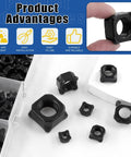 Badass Square Weld Nut Assortment 107 Pieces Covers M4 Through M14 Black Coarse Thread Carbon Steel Tools for Heavy Duty Garage Jobs and Shadetree Builders, showing various square weld nuts.