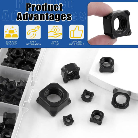 Badass Square Weld Nut Assortment 107 Pieces Covers M4 Through M14 Black Coarse Thread Carbon Steel Tools for Heavy Duty Garage Jobs and Shadetree Builders, showing various square weld nuts.