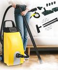 Real Deal Heavy Duty Steam Cleaner 3000W With 3.5L Tank Fires Up 230F Vapor To Blow Away Grease And Tough Grime On Tile And Carpets Includes Safety Switch And Wide Mop For Auto Shops And Kitchen Mess in use with attachments.