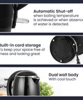 1.8L Double Wall Insulated Kettle With Cool Touch Exterior, 1500W Quick Boil, Stainless Steel Interior, Auto Shut Off