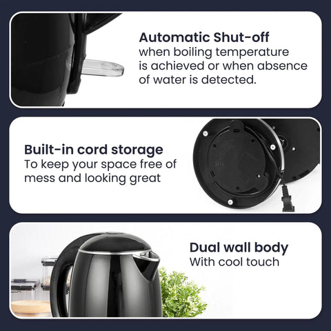 1.8L Double Wall Insulated Kettle With Cool Touch Exterior, 1500W Quick Boil, Stainless Steel Interior, Auto Shut Off