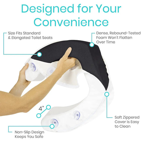 Hands holding 2 Inch Toilet Seat Riser For Seniors With Universal Fit, Raised Toilet Seat Cushion Made From High Density Foam