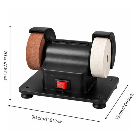 Badass Dual Wheel Bench Grinder With Sturdy Rubber Footed Base; compact black benchtop sharpener with dual wheels, 20cm height.