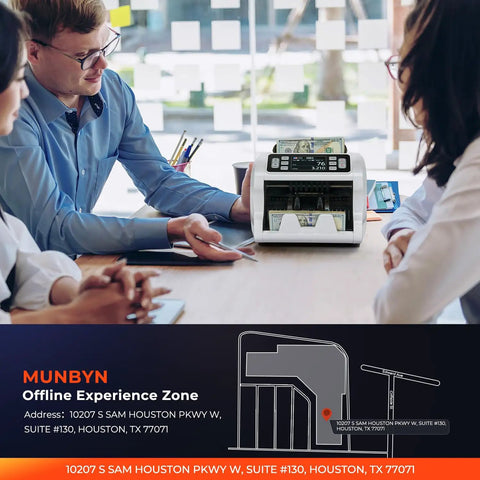 Munbyn Imc09 Mixed Denomination Money Counter For USD Eur Cad Mxn Bills With Multi Currency Value Counting and UV MG IR MT Detectors, displayed in office.