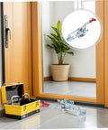 Super Tough Two Pack Heavy Duty Toggle Latch Clamps With Galvanized Iron Build and Massive 2183 Pound Holding Power For Your Work Jigs Or Chest Drawers in a toolbox beside a door.