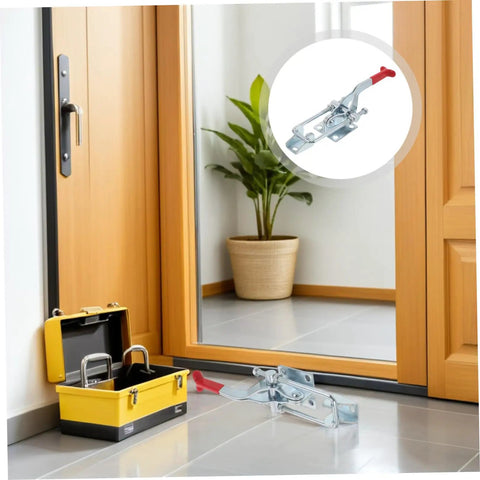 Super Tough Two Pack Heavy Duty Toggle Latch Clamps With Galvanized Iron Build and Massive 2183 Pound Holding Power For Your Work Jigs Or Chest Drawers in a toolbox beside a door.