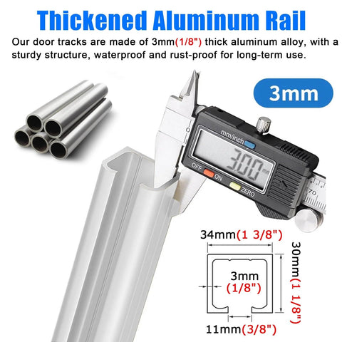 Caliper measuring thickness of aluminum rail, showing dimensions for Aluminum Sliding Shower Door Track Kit With Rollers For Glass Doors 10-12 Mm Thick Durable Heavy-Duty Single Rail Replacement For 2-Door Remodel System 160 Cm 5.2 Ft Smooth Quiet Operation.