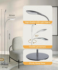 Bright LED Floor Lamp With 12W 1080LM Dimmable Adjustable Gooseneck Reading Light Four Color Temperatures Remote And Touch Control 1 Hour Timer And Memory Function Great For Reading In Living Room Bedroom Or Office Gray, featuring adjustable gooseneck, LED light heads, and metal base next to a chair.