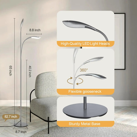 Bright LED Floor Lamp With 12W 1080LM Dimmable Adjustable Gooseneck Reading Light Four Color Temperatures Remote And Touch Control 1 Hour Timer And Memory Function Great For Reading In Living Room Bedroom Or Office Gray, featuring adjustable gooseneck, LED light heads, and metal base next to a chair.