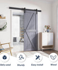 Grey Wood Barn Door Slab 30 Inch By 84 Inch With Included 60 Inch Barn Door Hardware Track Kit installed in home