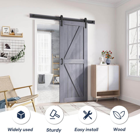 Grey Wood Barn Door Slab 30 Inch By 84 Inch With Included 60 Inch Barn Door Hardware Track Kit installed in home