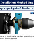 Installation method for Rock Solid M14 E Bike Hub Motor Nut Set on standard bicycle fork with spacer visible.