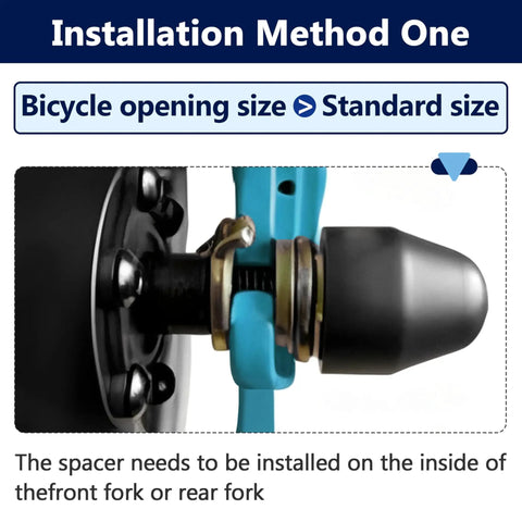 Installation method for Rock Solid M14 E Bike Hub Motor Nut Set on standard bicycle fork with spacer visible.