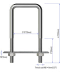 Two Sets Of 304 Stainless Steel Square U Bolts With M8 Nuts, 2.75 Inch Inner Width, 4.33 Inch Length, Frame Plate Included, Heavy Duty Hardware For Automobiles Trailers Boats And Industrial Projects, showing dimensions and frame plate