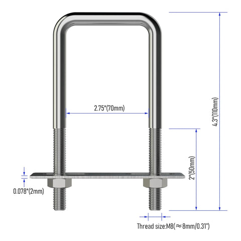 Two Sets Of 304 Stainless Steel Square U Bolts With M8 Nuts, 2.75 Inch Inner Width, 4.33 Inch Length, Frame Plate Included, Heavy Duty Hardware For Automobiles Trailers Boats And Industrial Projects, showing dimensions and frame plate