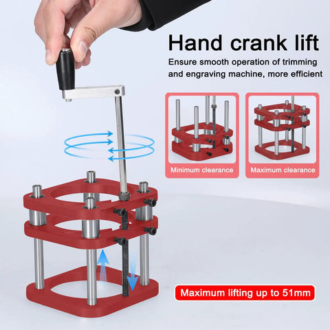 Hand crank lift tool showcasing Badass Universal Metal Router Lift Kit Delivers Sick Precision For Your Woodworking Bench With Sweet Two Inch Vertical Travel And Hella Fine Micro Tweaks For Chamfer Trimming And Fits 64 To 66 Millimeter Motors.