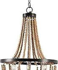 Boho Wood Bead Chandelier 3 Light In Golden Bronze Finish, Natural Beads Draped Across 16 Inch Frame, Rustic Modern Lighting