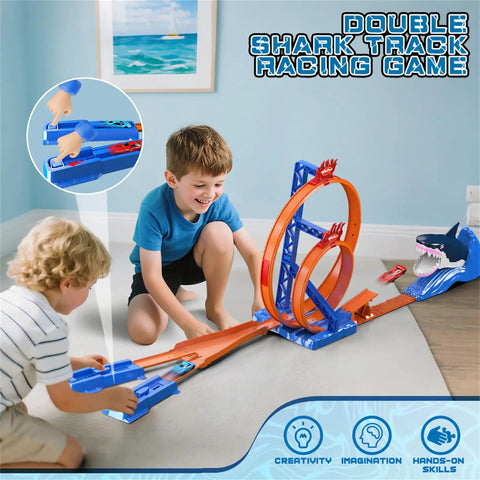 Children playing with Shark Themed Car Race Track Set With Dual Loop And 2 Cars And Launchers, Jump Ramp Raceway Playset
