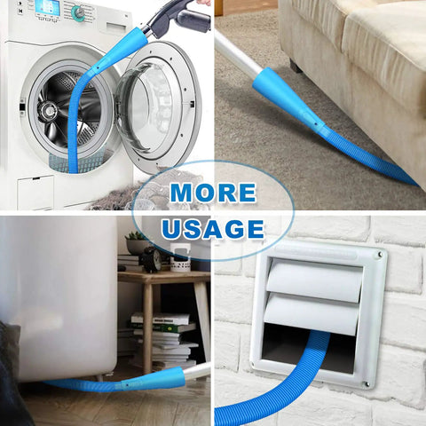 Pro Dryer Vent Cleaner Kit With Vacuum Hose Attachment And Lint Remover for dryer vents, sofas, crevices, and fridge coils in use.