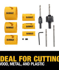 DeWalt bi-metal hole saw kit with multiple yellow hole saws, arbors, hex key, and bits