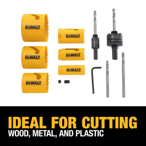 DeWalt bi-metal hole saw kit with multiple yellow hole saws, arbors, hex key, and bits