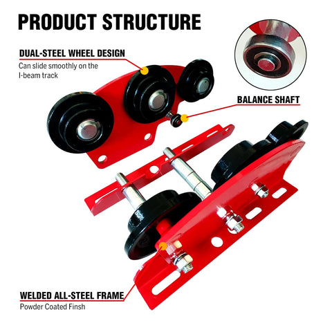 Heavy Duty 6 Wheel Manual Trolley for I-Beam 1 Ton Load, Geared Push Overhead Cart for PA200 To PA1000 Electric Hoist