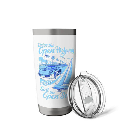 Road Trip Vibes Stainless Steel Insulated Tumbler With Open Highway Car And Open Sea Sail Design with Leak Resistant Lid