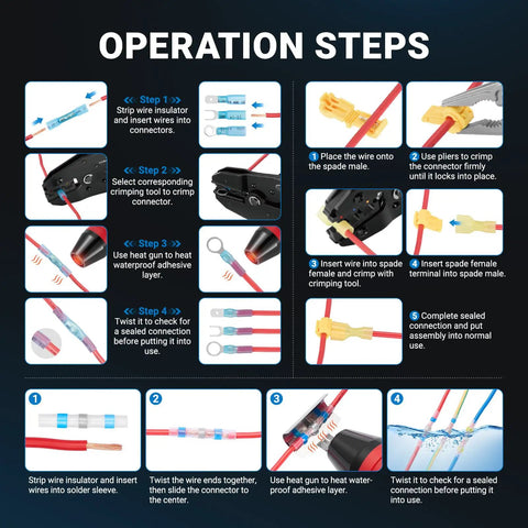 Operation steps for 1622 Piece Heat Shrink Wire Connector Kit with T Tap No Splice Joints and solder seal terminals.