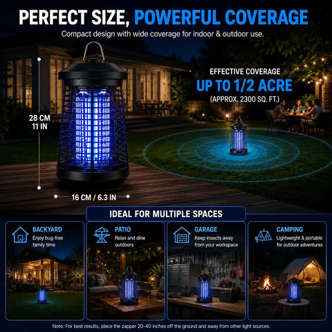 Outdoor Indoor Bug Zapper 18W 4200V Electric Mosquito Killer with UV Light next to a patio, effective coverage highlighted