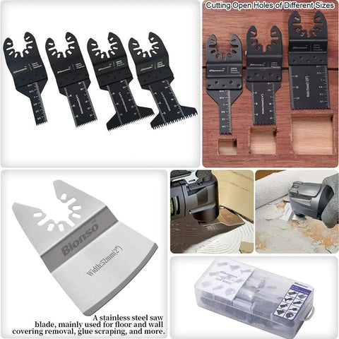 40 Piece Oscillating Saw Blade Kit For Multitool With Wood Metal Plastic Blades Includes 10 Interchangeable Cuts For Dewalt Worx Milwaukee Makita Ryobi Bosch And More For DIY Pros displayed with case and installed views.