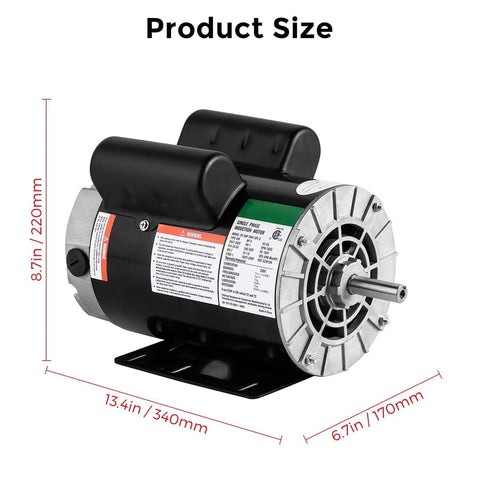 Heavy Duty 5HP Air Compressor Motor 230V Single Phase 56 Frame Electric Motor with FiveEighths Inch Keyed Shaft side view showing dimensions.