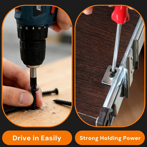230 Piece Heavy Duty High Hardness Wood Screws Assortment Kit With Size Six And Size Eight Phillips Flat Head For Wood Drywall MDF And Furniture DIY Includes Sixteen Anchors And Nine Lengths From Half Inch To Two Inches Black being used in wood and MDF installation.