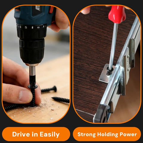 255 Piece Heavy Duty Black Flat Head Wood Screw Kit Number Six And Eight Zinc Plated Carbon Steel Rust Resistant Indoor Outdoor Fasteners being driven with drill and screwdriver.
