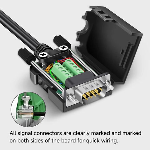 DB9 Breakout Connector for RS232 and RS485, Solderless D Sub Serial Adapter Board With Case, showcasing screw terminals and copper contacts.