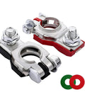 Premium Battery Terminal Connectors Set 2 Rustproof Positive And Negative Top Post Clamps with washers and nuts for vehicle battery setup.